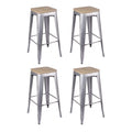 Silver 30 Inch Backless Metal Barstools with Light Wood Seat, Set of 4 T78077