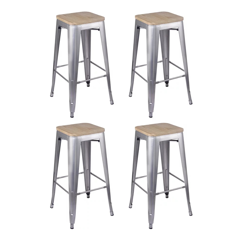 Silver 30 Inch Backless Metal Barstools with Light Wood Seat, Set of 4 T78077