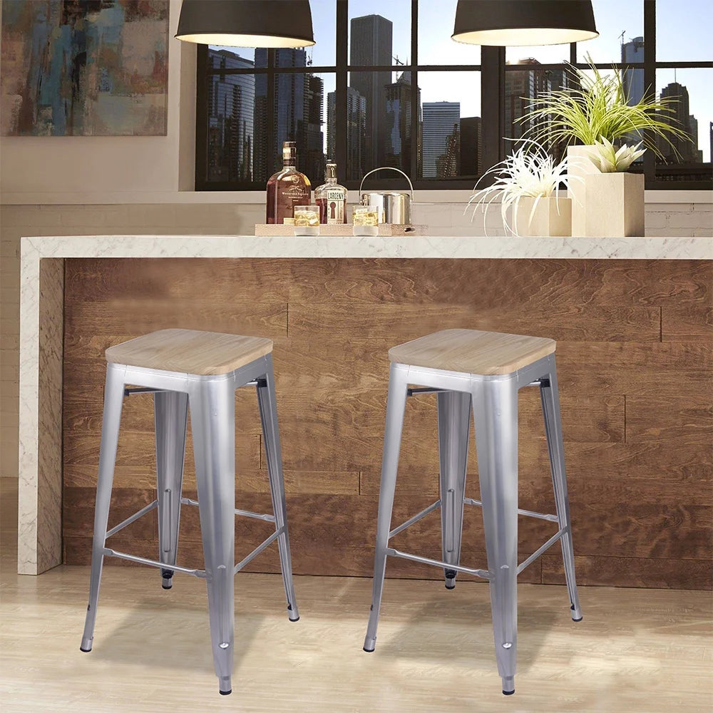 Silver 30 Inch Backless Metal Barstools with Light Wood Seat, Set of 4 T78077