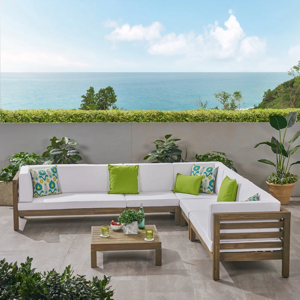 Acacia Wood 7 Seater Sectional Sofa with Cushions Q299