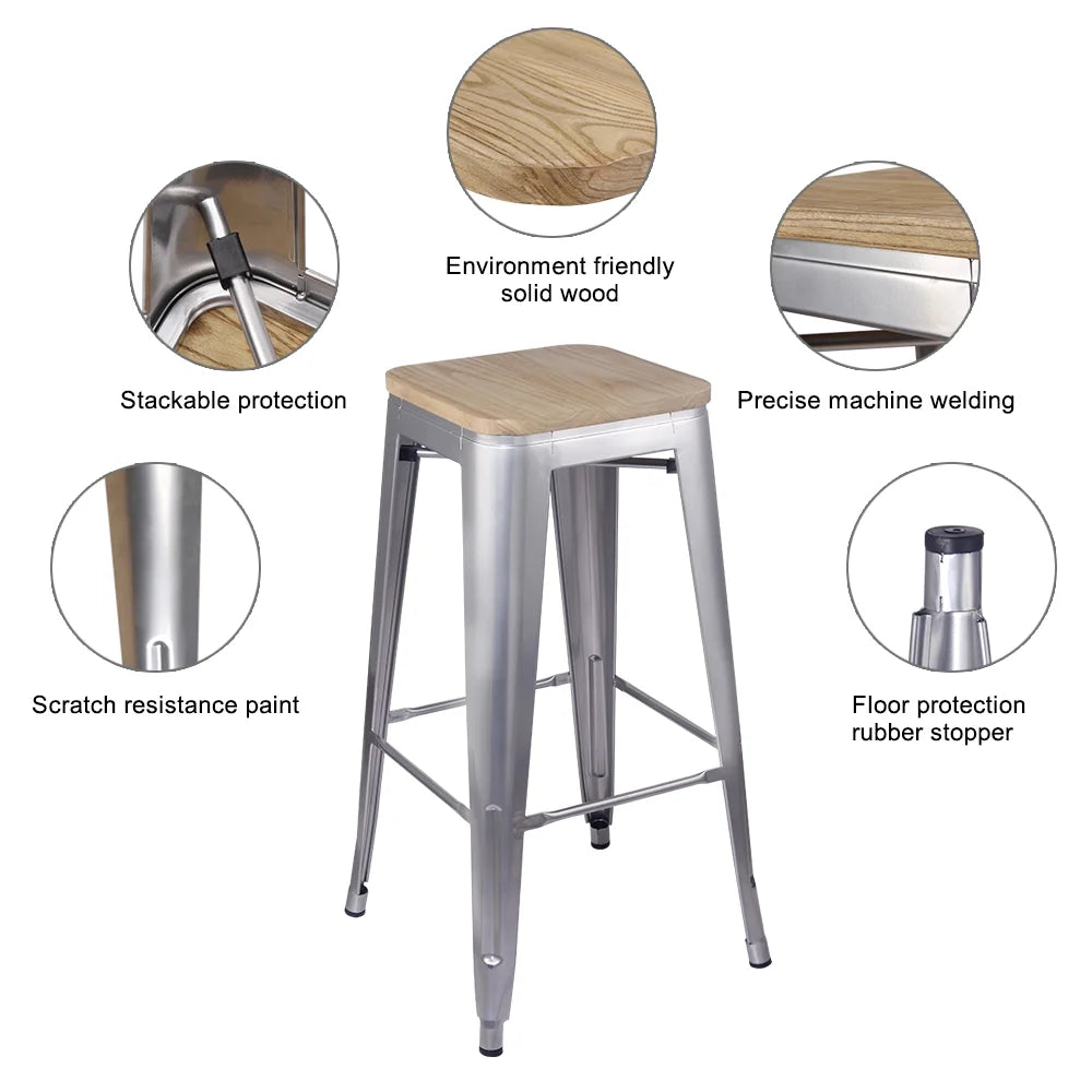 Silver 30 Inch Backless Metal Barstools with Light Wood Seat, Set of 4 T78077