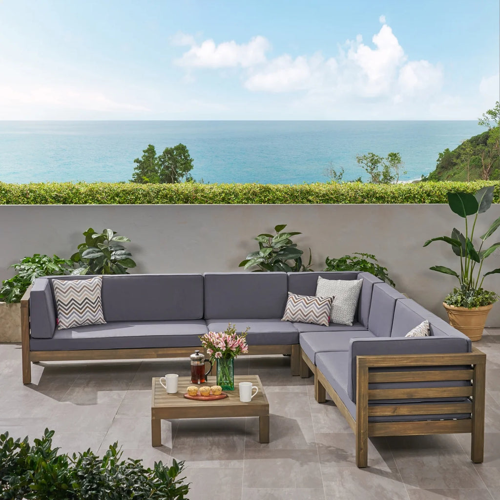 Acacia Wood 7 Seater Sectional Sofa with Cushions Q299