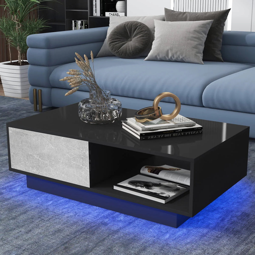 Black High Gloss LED Coffee Table with Drawer J592913